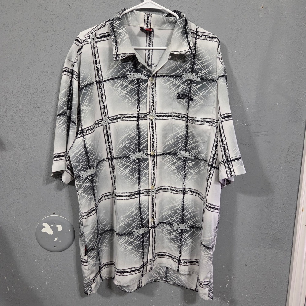 Southpole Mens XL Black White Plaid Graphic Short Sleeve Button Up Shirt